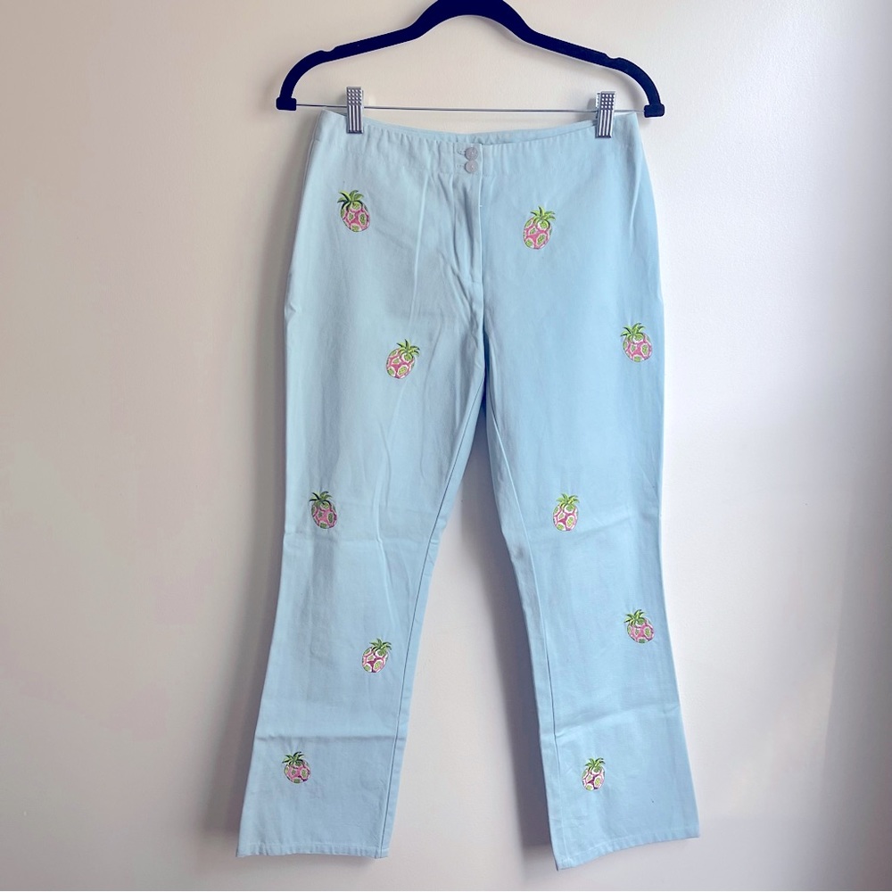 NWOT CJ Laing Light Blue Cotton Pants Trousers Fruit Embroidered Beach Summer 2